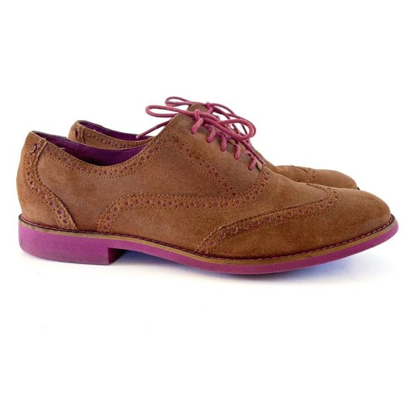 Cole Haan Shoes - COLE HAAN Oxford Flats Womens 10 B Pink Tan Suede Wingtip Lace Up Modern Classic